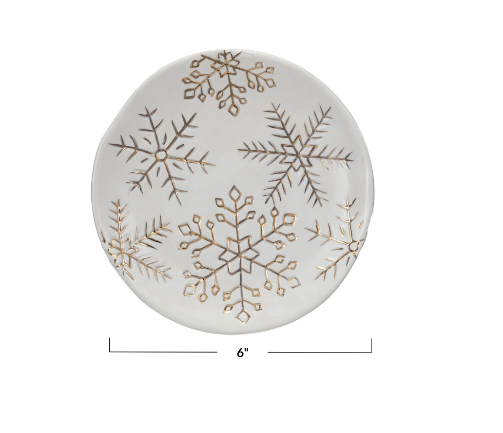 Stoneware Plate with Gold Electroplated Snowflakes, White