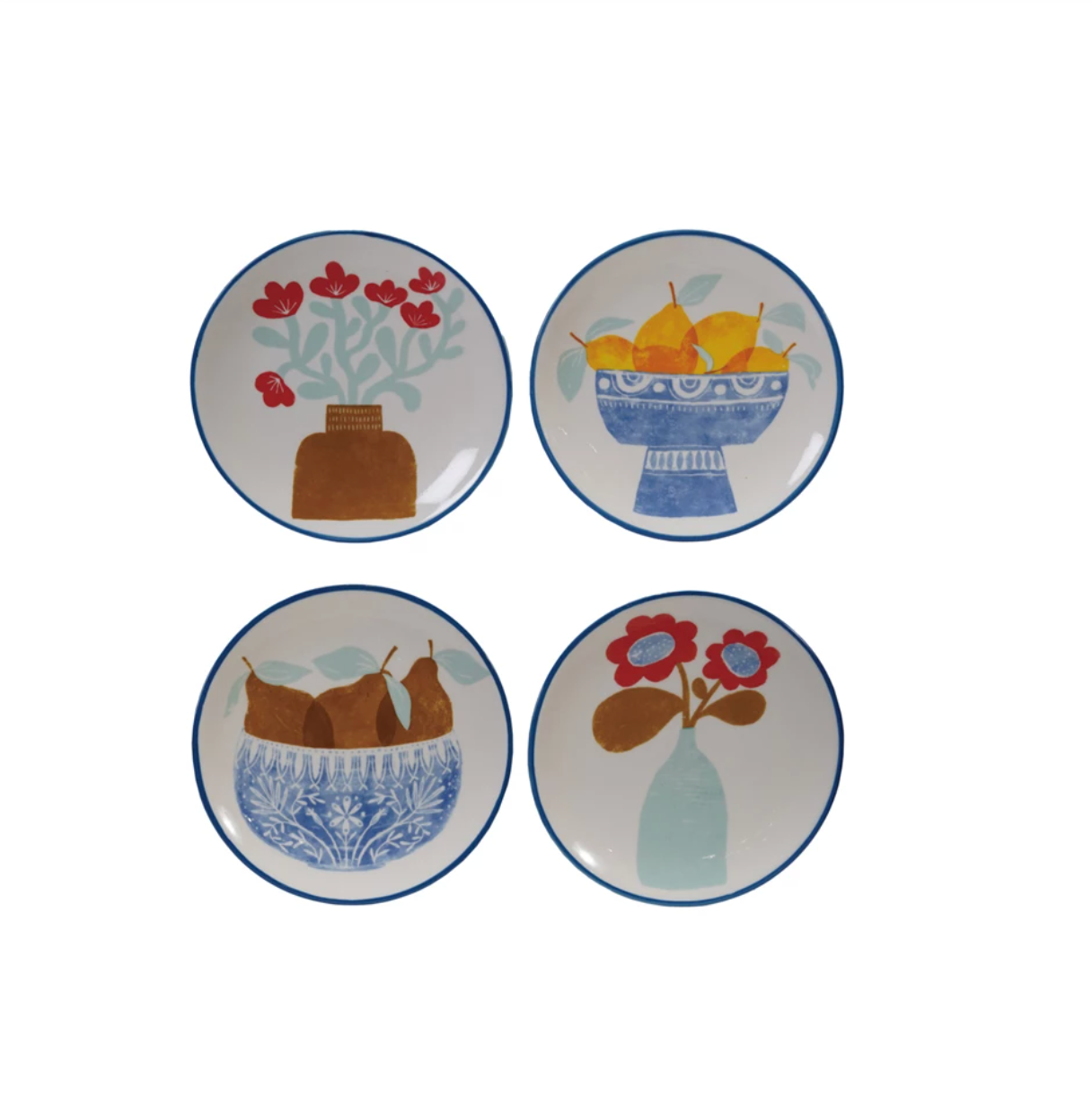 Stoneware Plate with Fruit/Flower Image & Blue Rim, 4 Styles