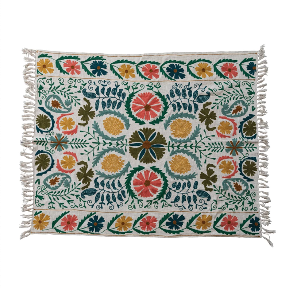 Cotton Slub Embroidered Throw with Suzani Pattern & Tassels