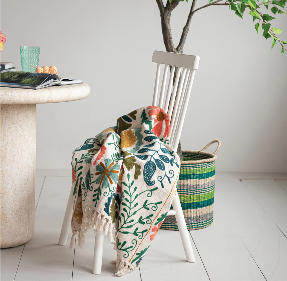 Cotton Slub Embroidered Throw with Suzani Pattern & Tassels
