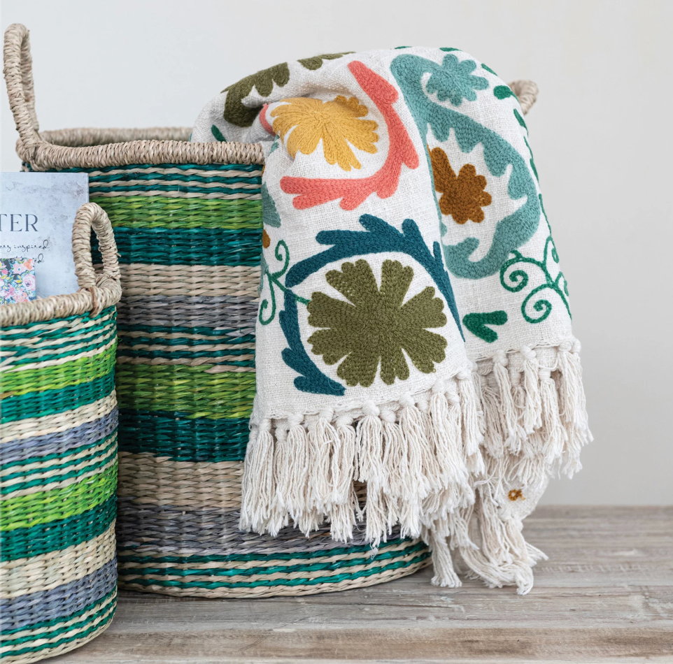 Cotton Slub Embroidered Throw with Suzani Pattern & Tassels