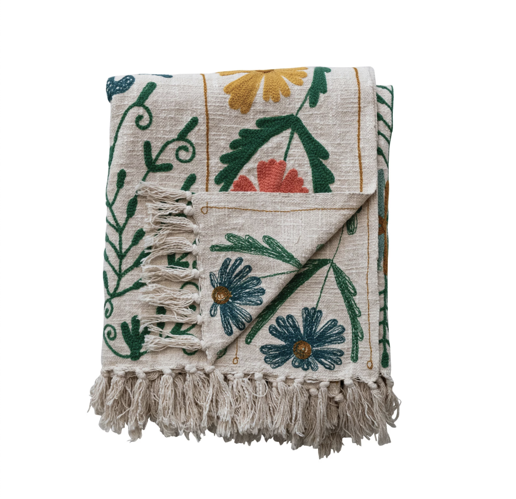 Cotton Slub Embroidered Throw with Suzani Pattern & Tassels