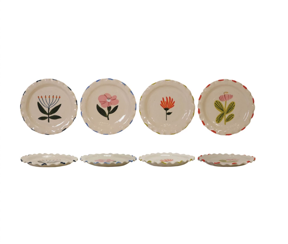 Hand-Painted Stoneware Plate with Ruffled Edge, 4 Styles