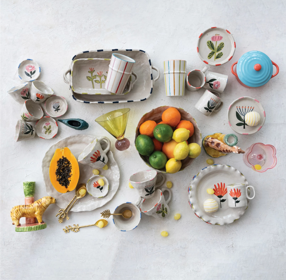 Hand-Painted Stoneware Plate with Ruffled Edge, 4 Styles
