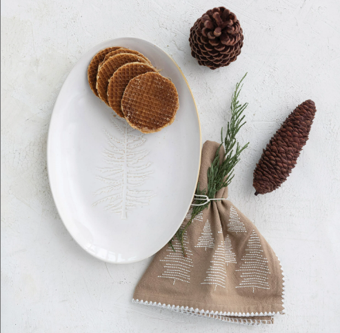 Oval Debossed Stoneware Platter w/ Tree Design, White