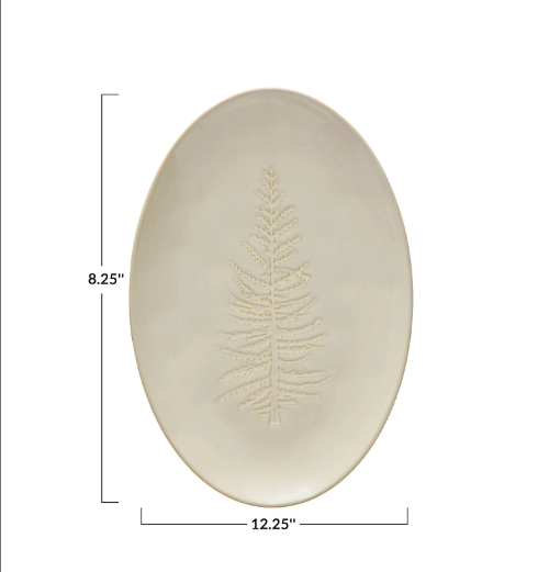 Oval Debossed Stoneware Platter w/ Tree Design, White