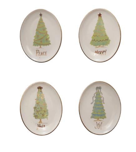 Oval Stoneware Dish with Christmas Tree, Word, 4 Styles