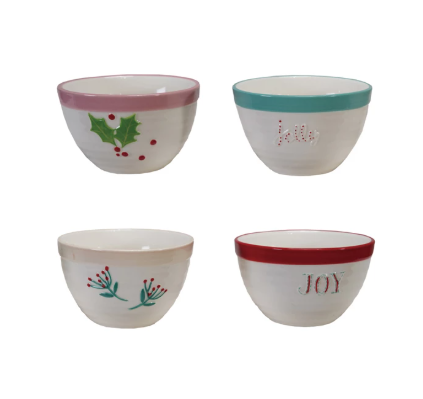 Stoneware Bowl with Holiday Word/Botanicals, 3 Styles