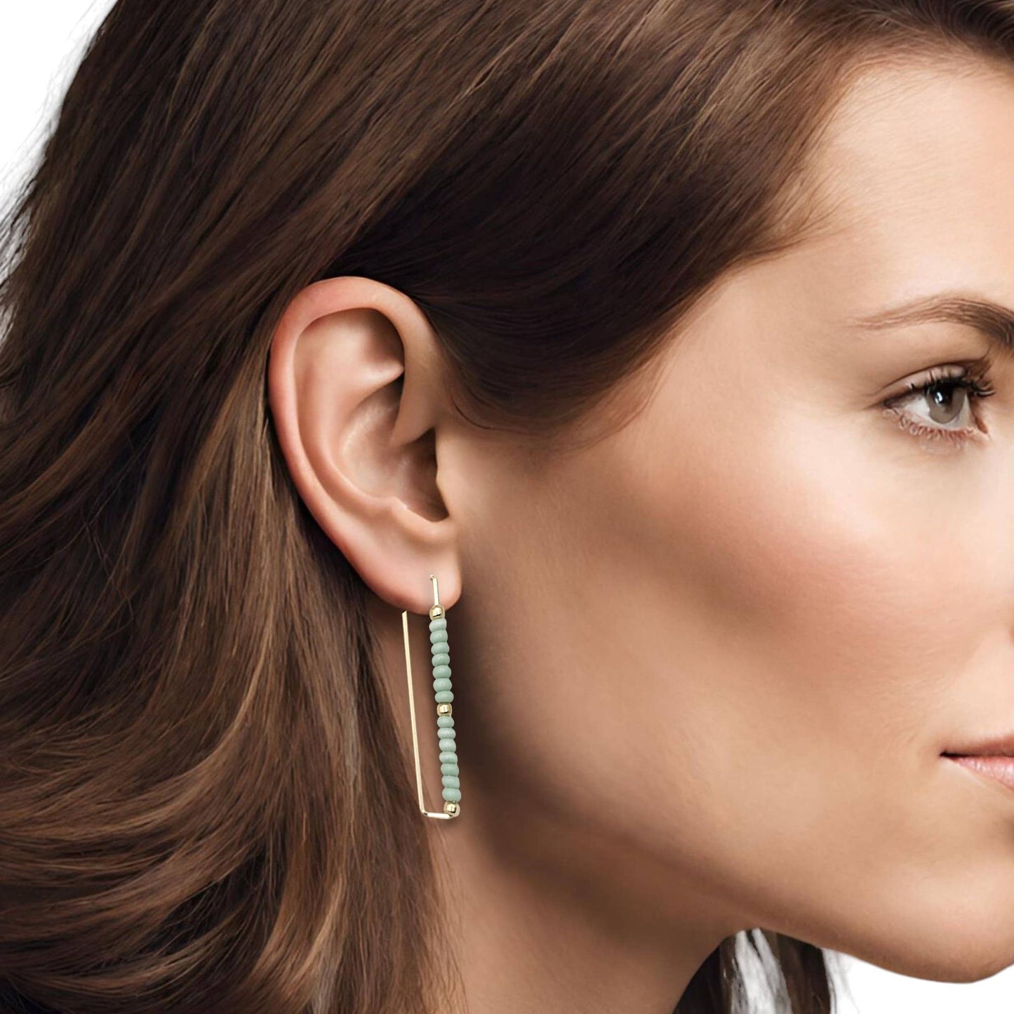 Gold Rectangle Earrings with Mint Green Seed Beads