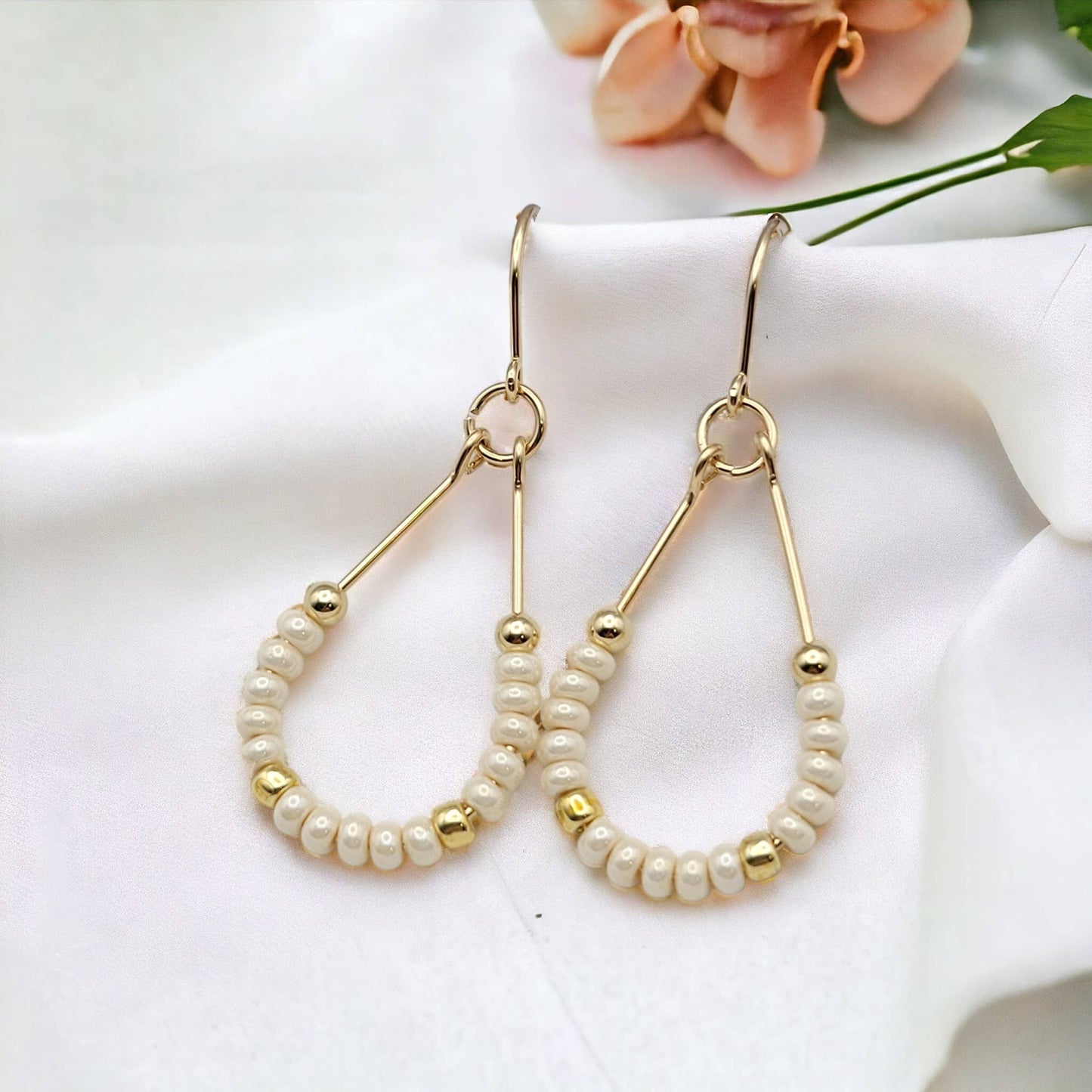 14k Gold Filled Teardrop Hoop Earrings with Pearl Seed Beads