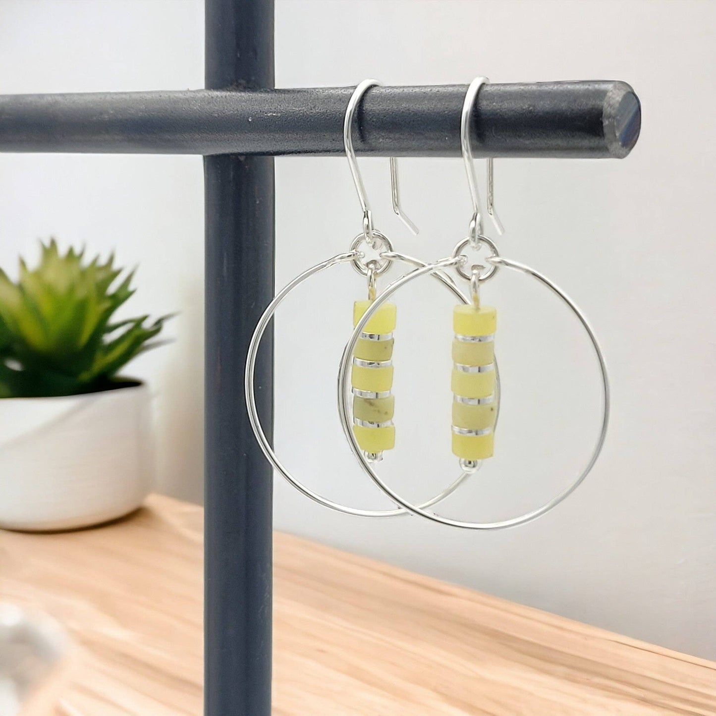 Sterling Silver Hoop Earrings with Lemon Yellow Jade