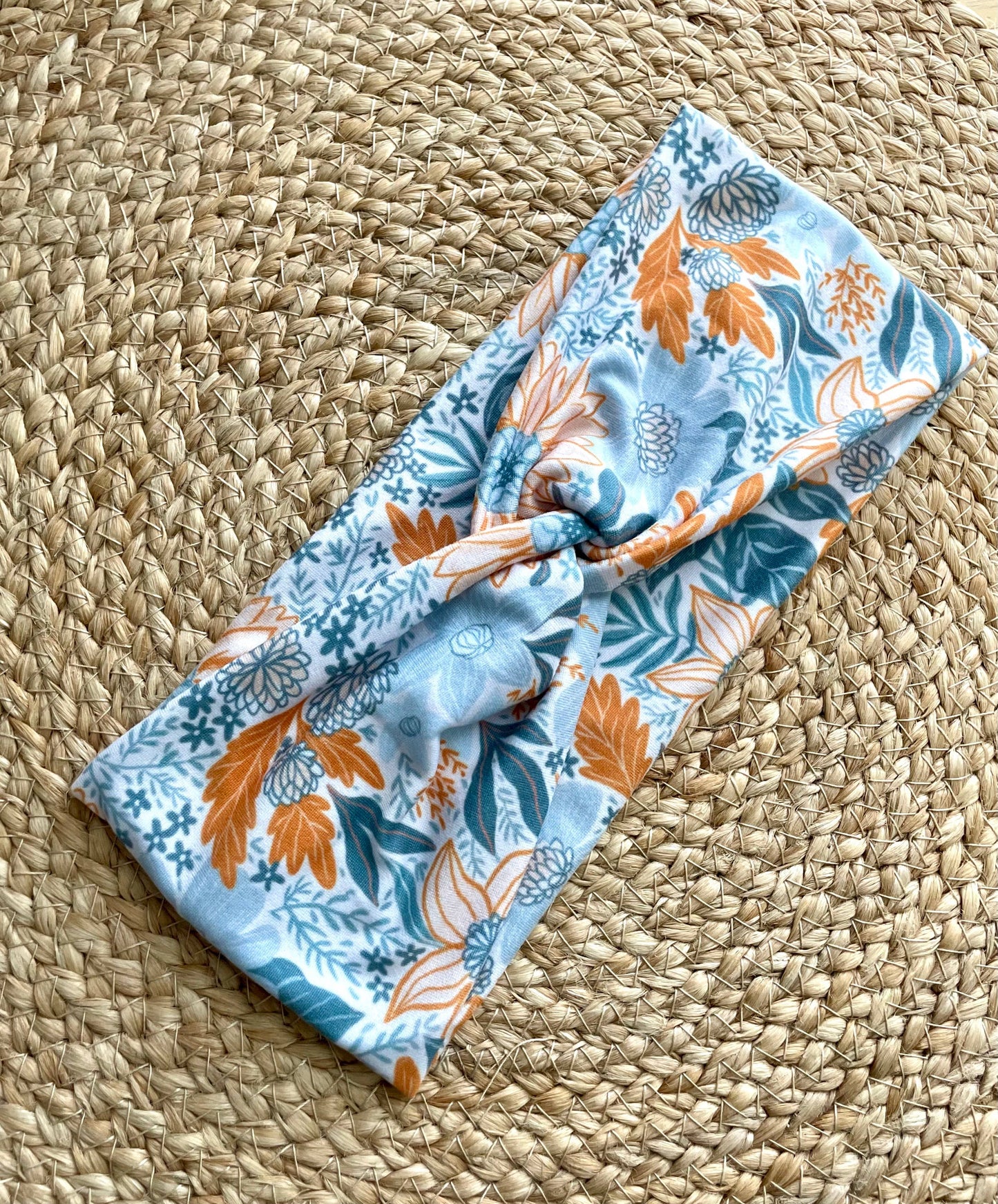 Blue Floral Leaves Knit Twist Headband