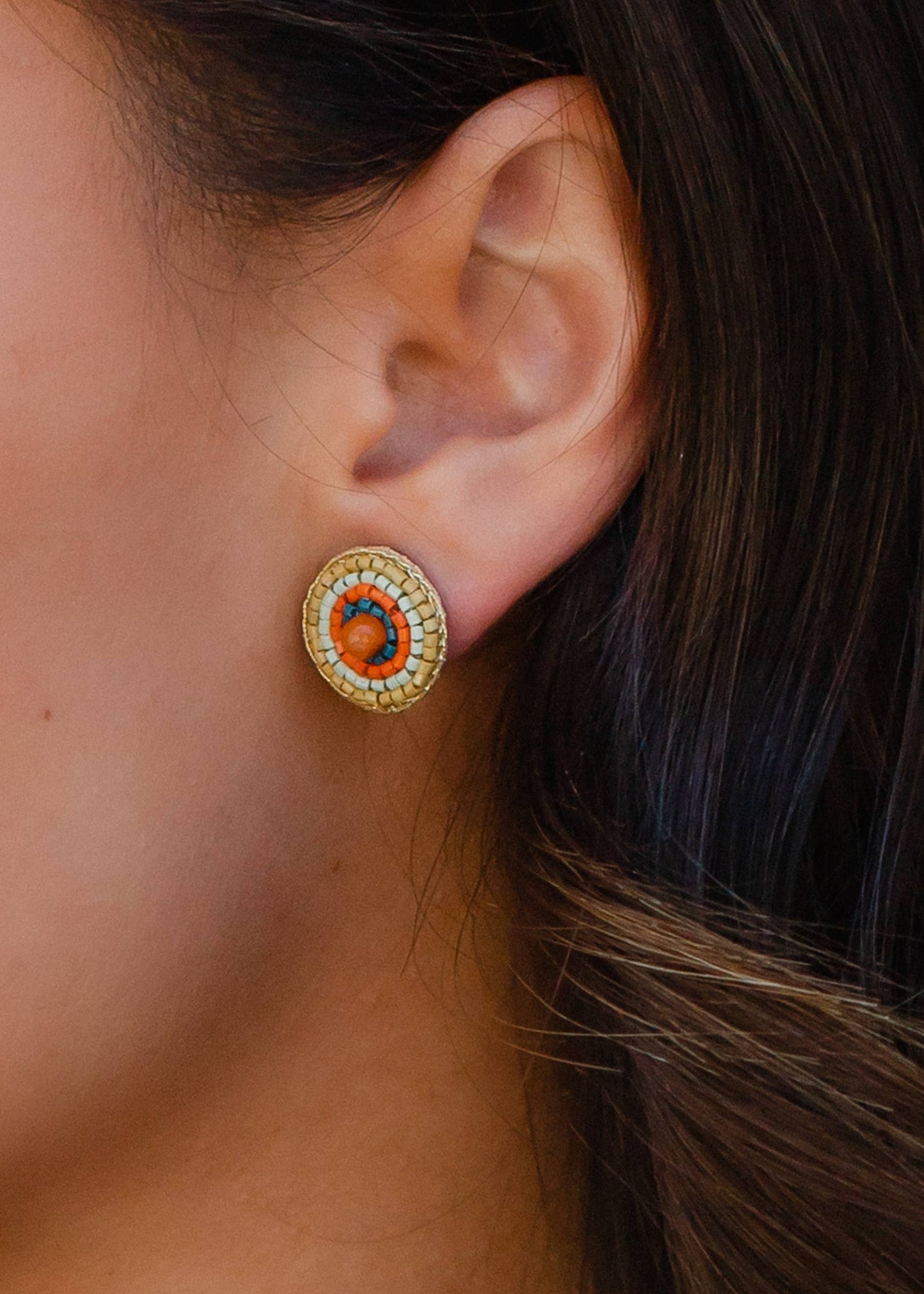 Green, Mint & Orange Beaded Stud Earrings