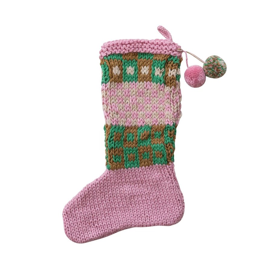 Acrylic Crocheted Stocking with Pattern & Pom Poms - La Vie Est Belle