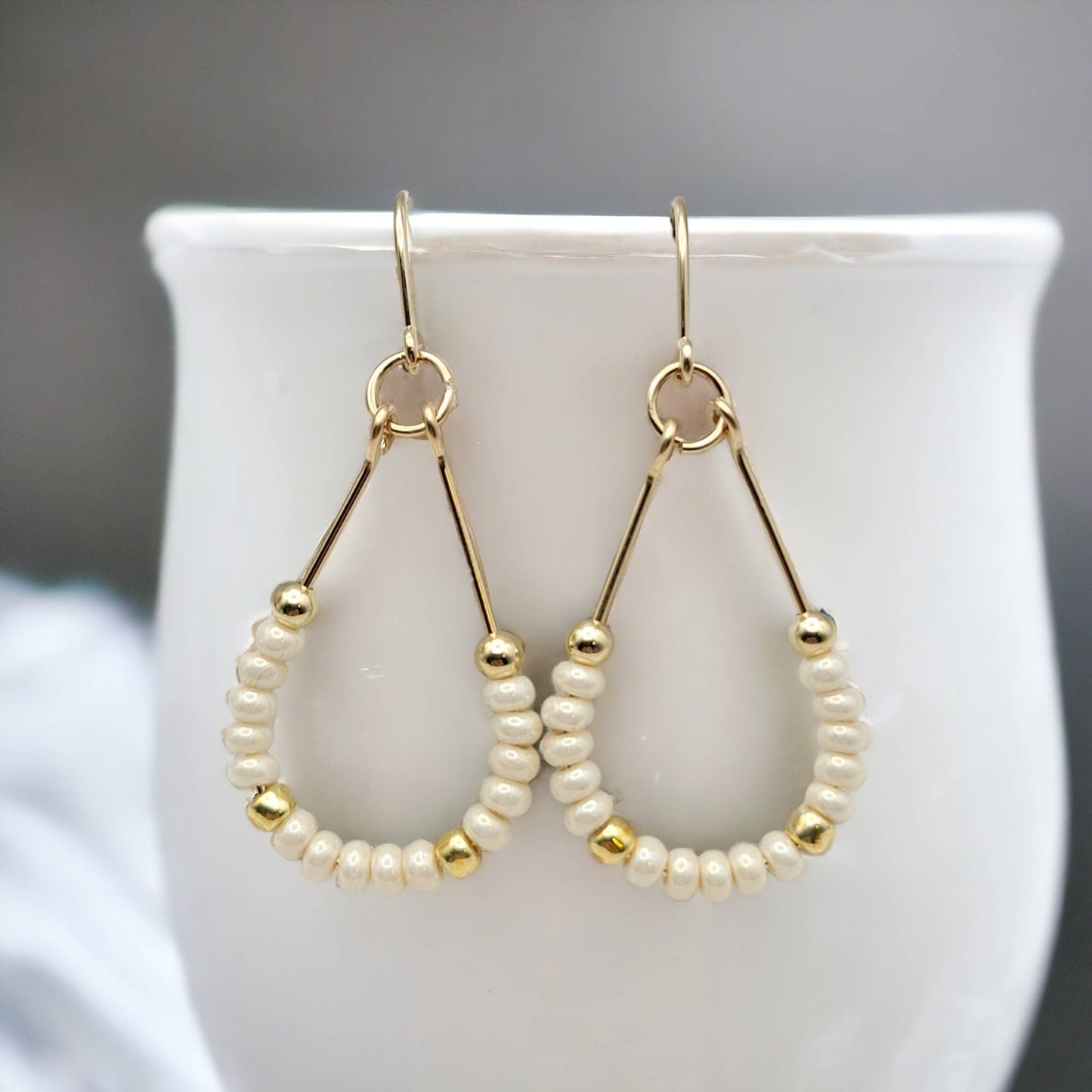 14k Gold Filled Teardrop Hoop Earrings with Pearl Seed Beads