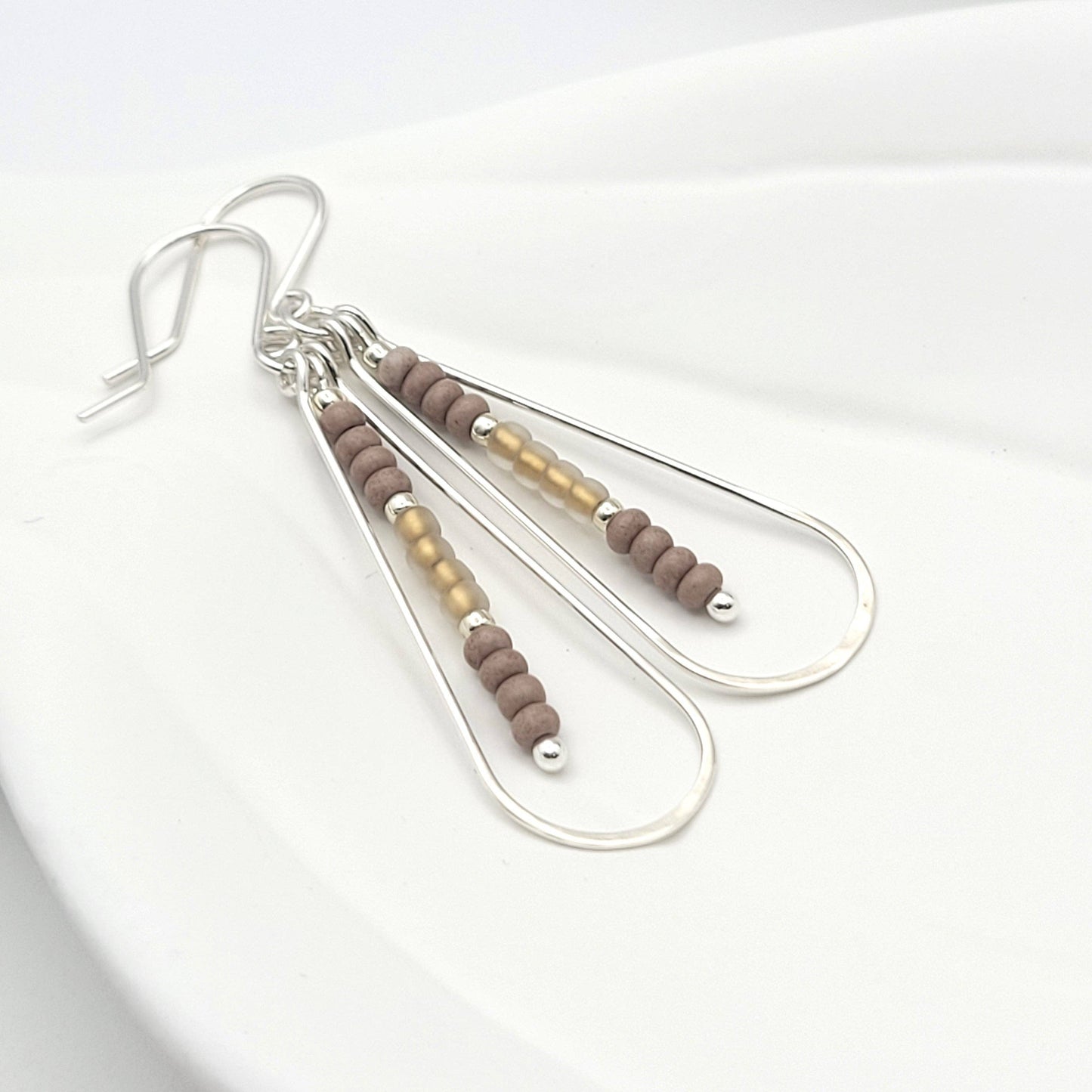 Sterling Silver Teardrop Hoop Earrings with Brown Seed Beads