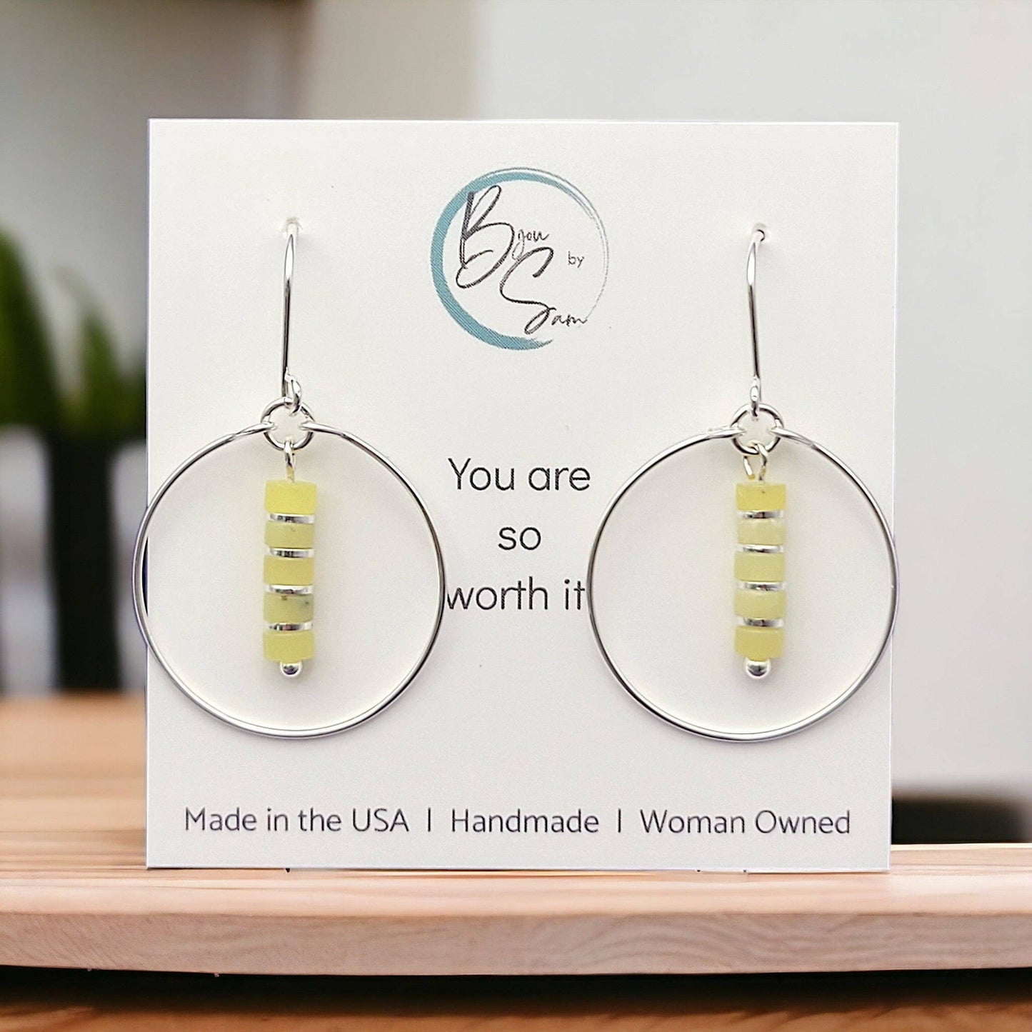 Sterling Silver Hoop Earrings with Lemon Yellow Jade