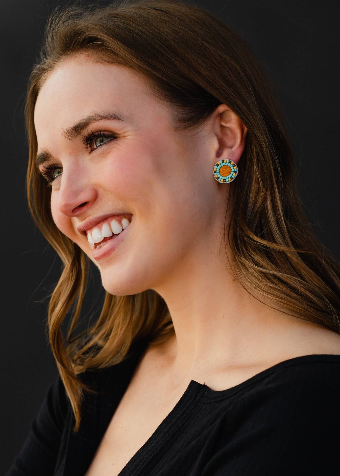Brown, Yellow & Lt. Blue Beaded Stud Earrings - La Vie Est Belle