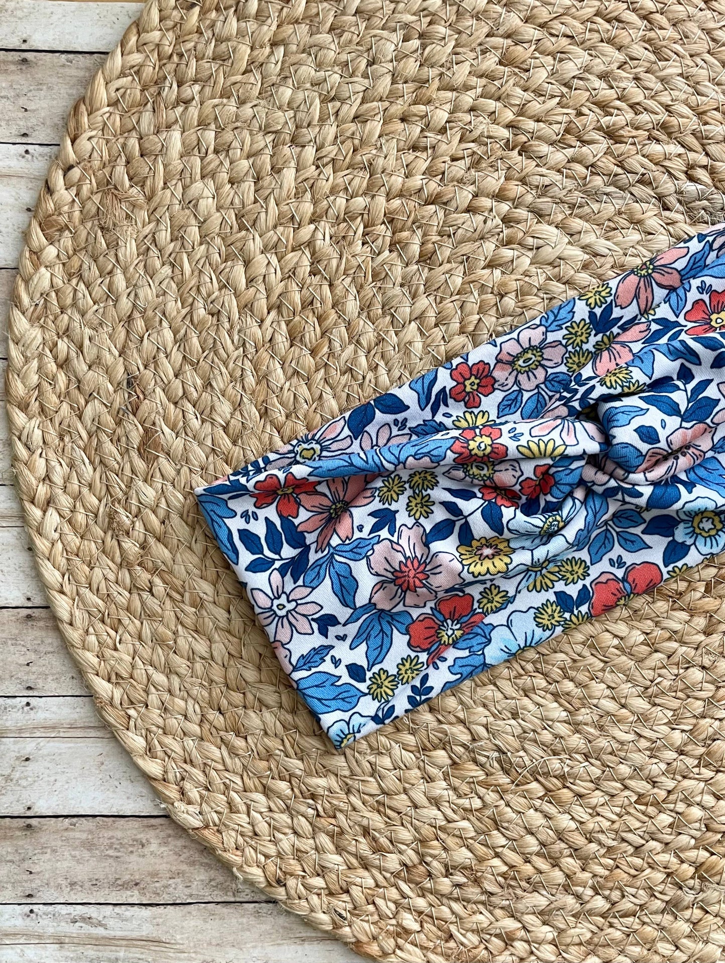 Blue Pink Florals Knit Twist Headband