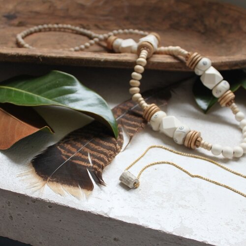 Wood + Bone Bead Statement Necklace - Boho Neutral White
