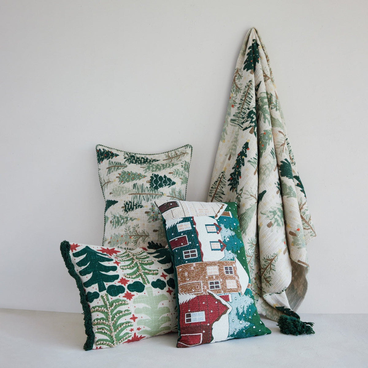 Cotton & Linen Slub Printed Lumbar Pillow with Tree Pattern, Beads & Mini Pom Pom Trim - La Vie Est Belle