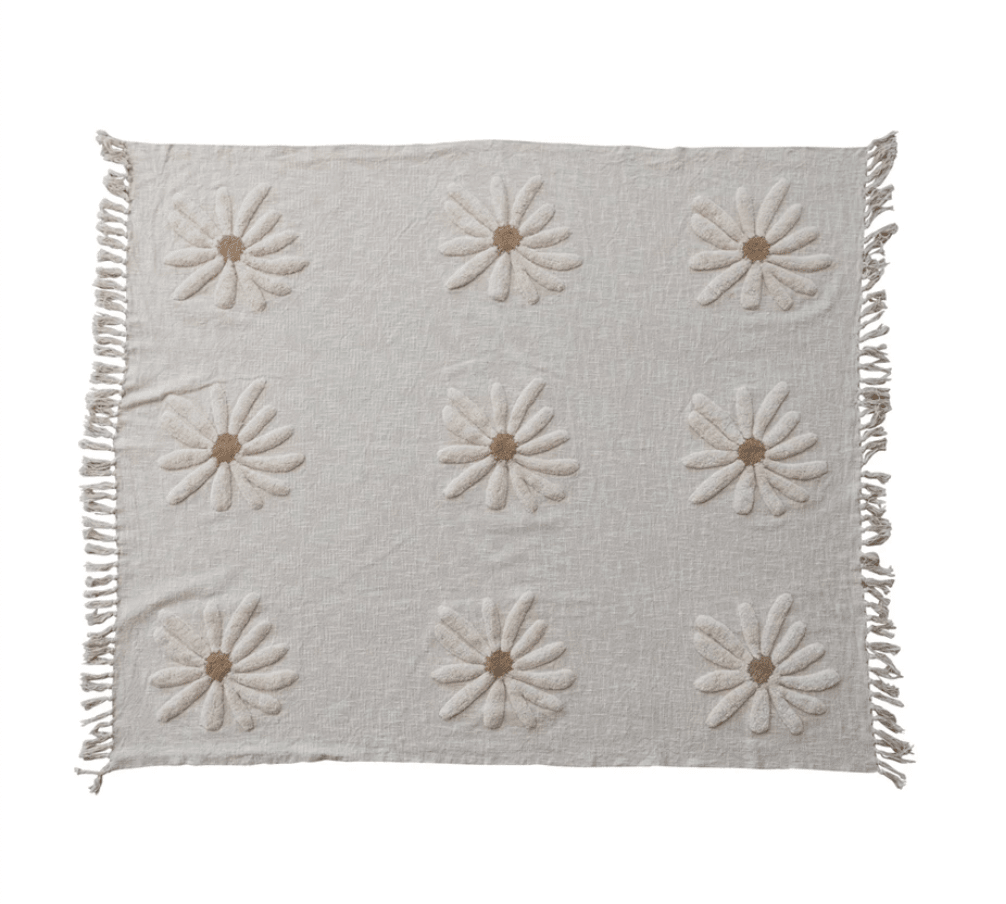 Cotton Slub Throw with Tufted Flowers & Fringe - La Vie Est Belle