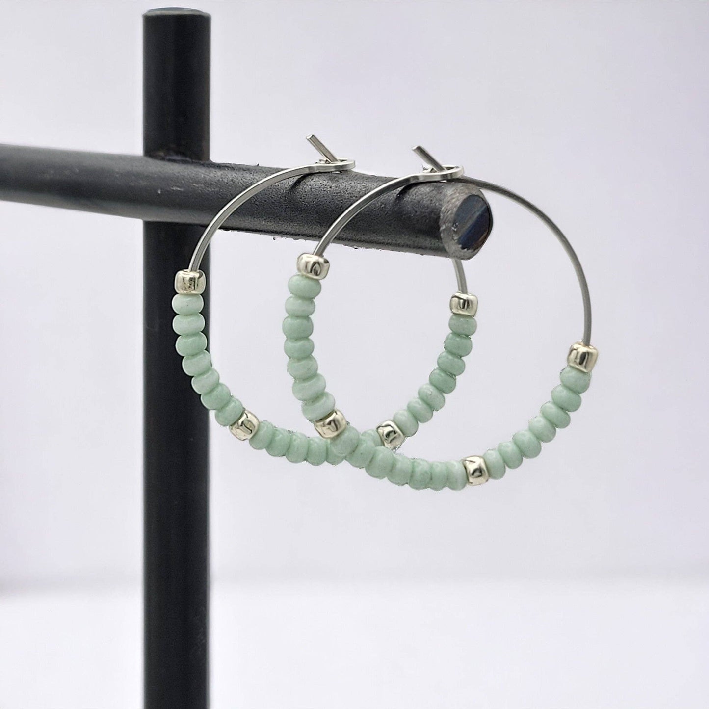 Sterling Silver Hoop Earrings with Pale Mint Green Seed Bead