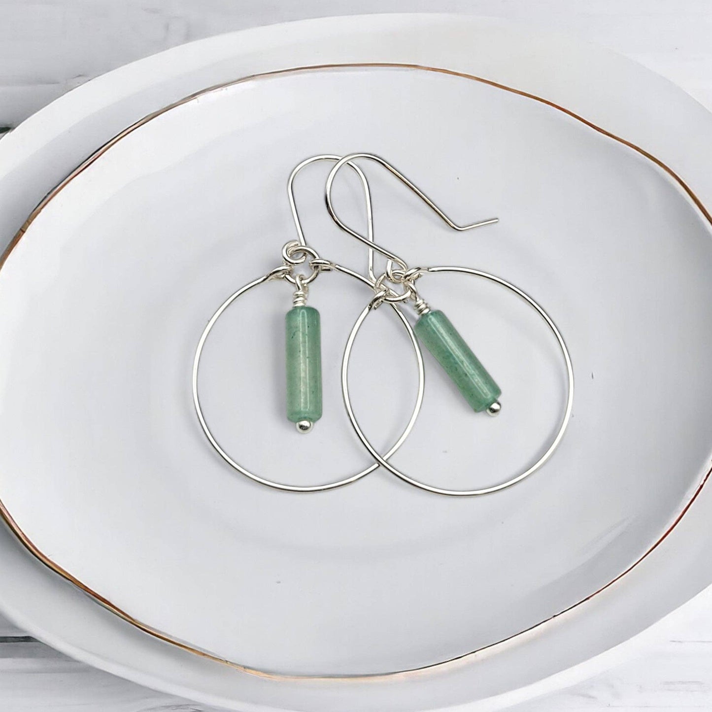 Sterling Silver Hoop Earrings with Green Aventurine Handmade