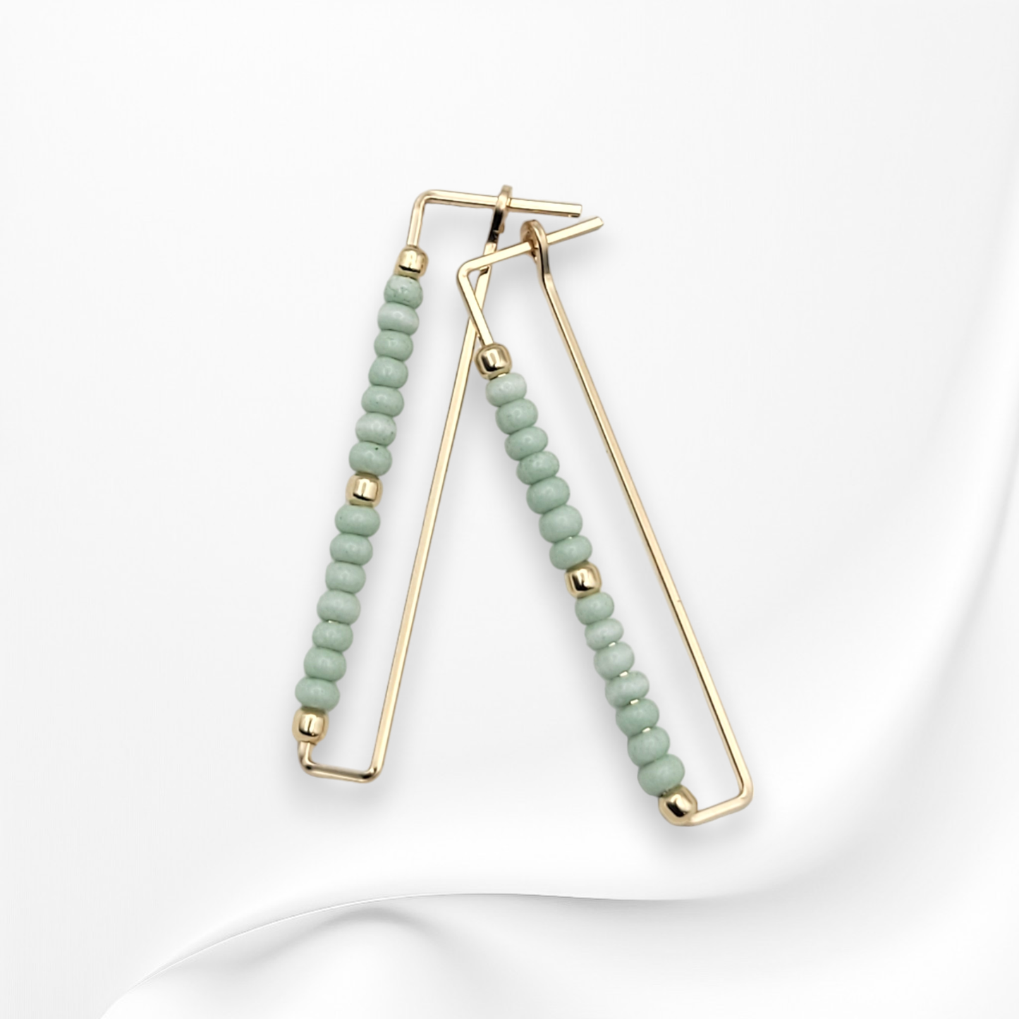 Gold Rectangle Earrings with Mint Green Seed Beads