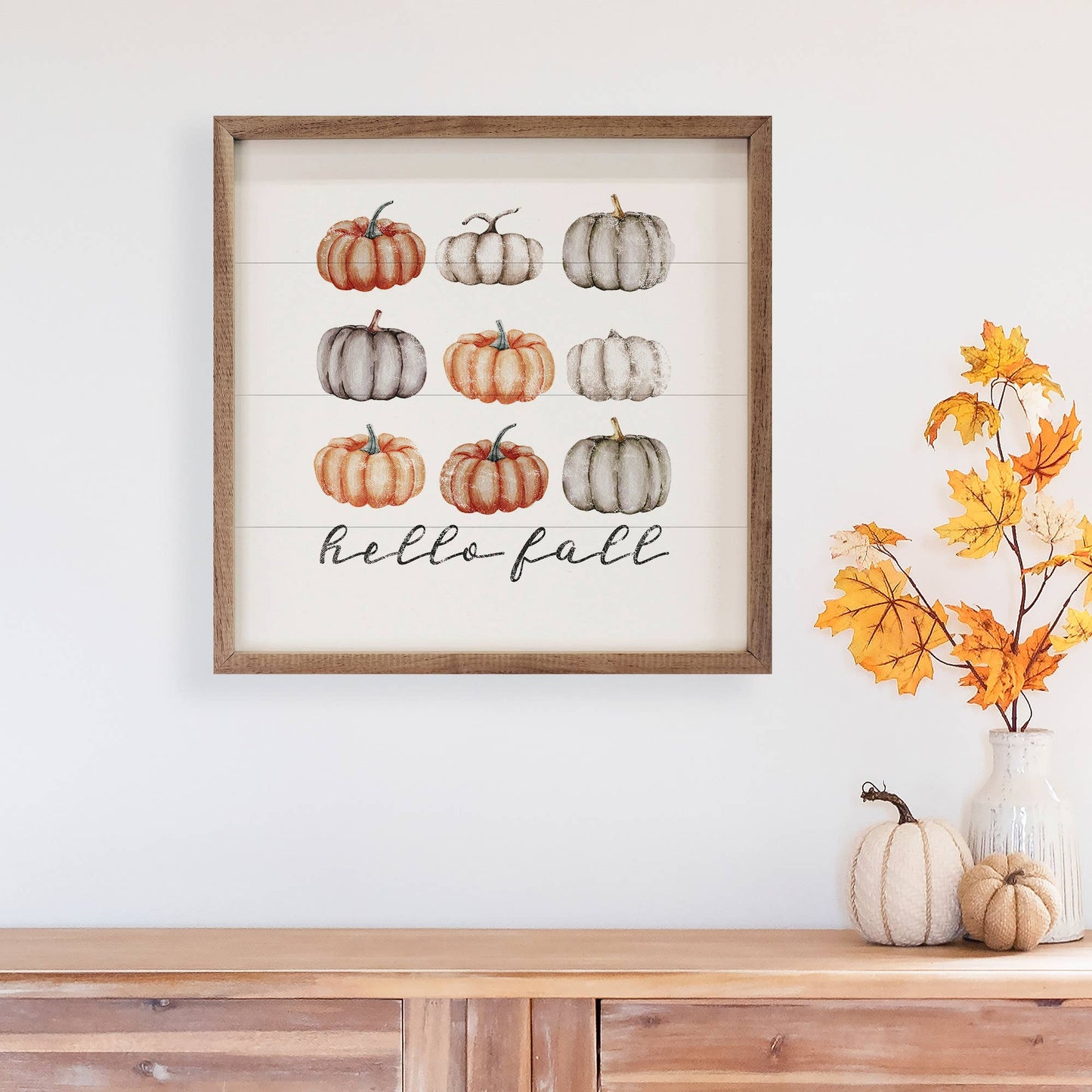 Hello Fall Orange And Gray Pumpkin Wall Art