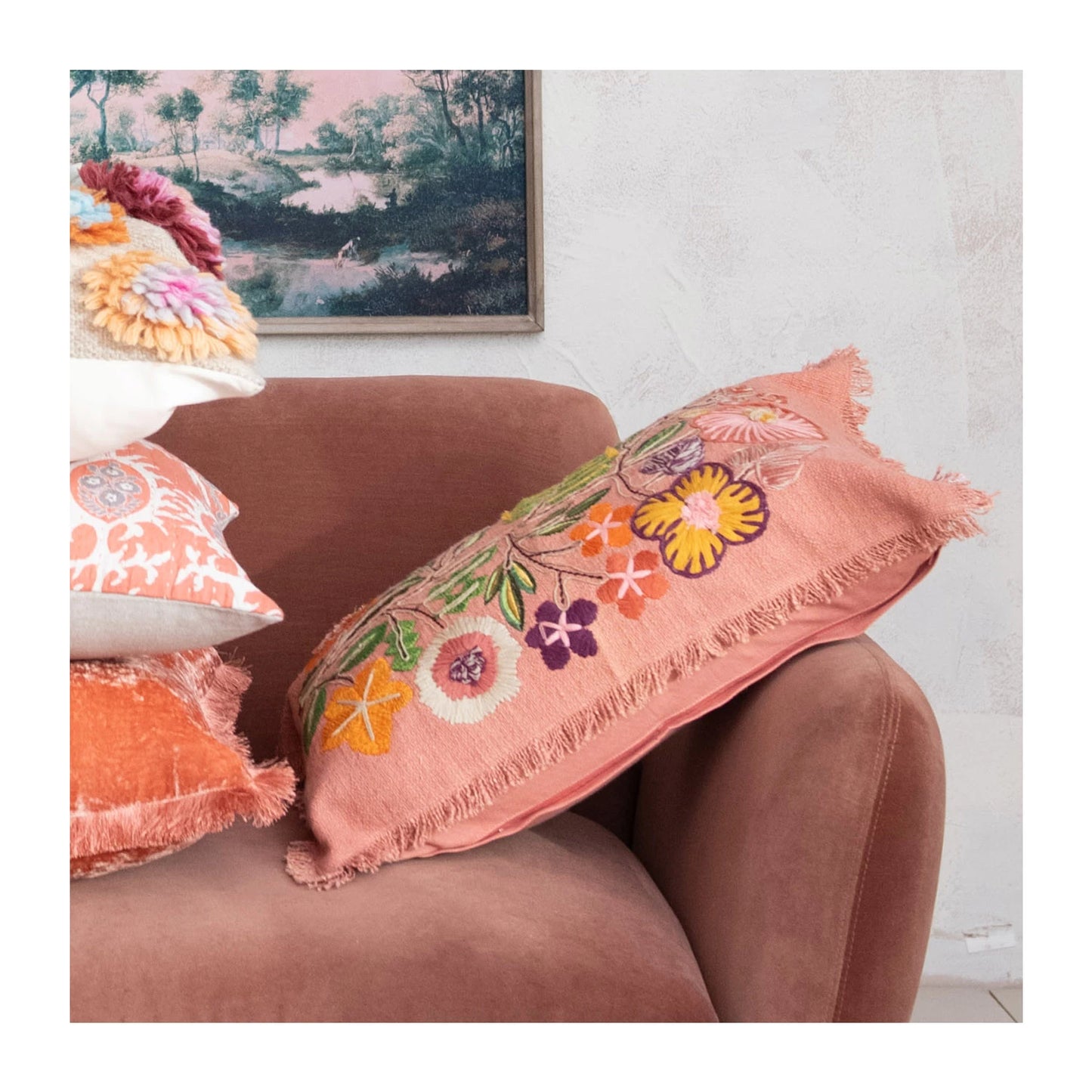 24"L x 16"H Cotton Lumbar Pillow w/ Embroidered Flowers & Eyelash Fringe