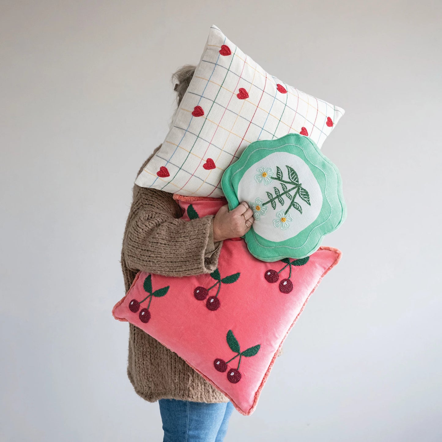 20" Square Cotton Velvet Pillow with Hand-Beaded Cherries & Tufted Fringe, Pink, Red & Green
