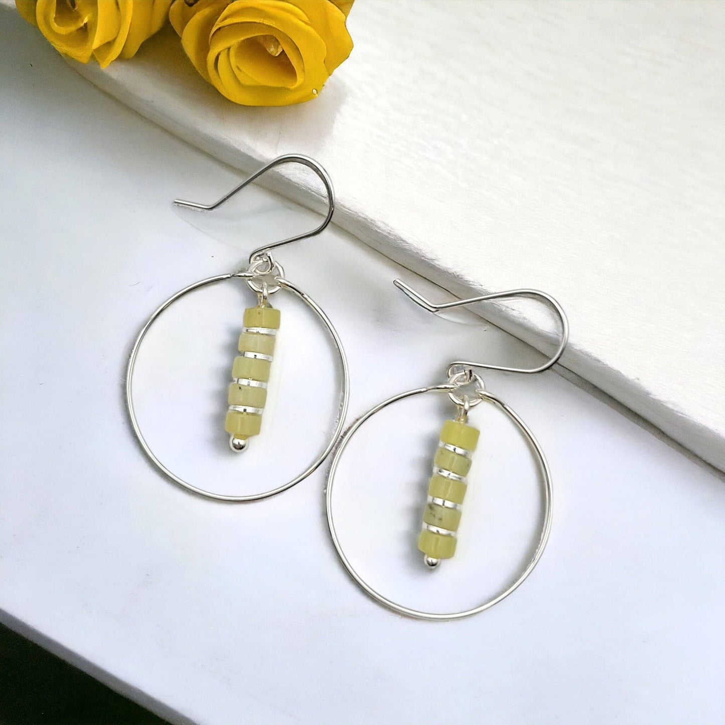 Sterling Silver Hoop Earrings with Lemon Yellow Jade
