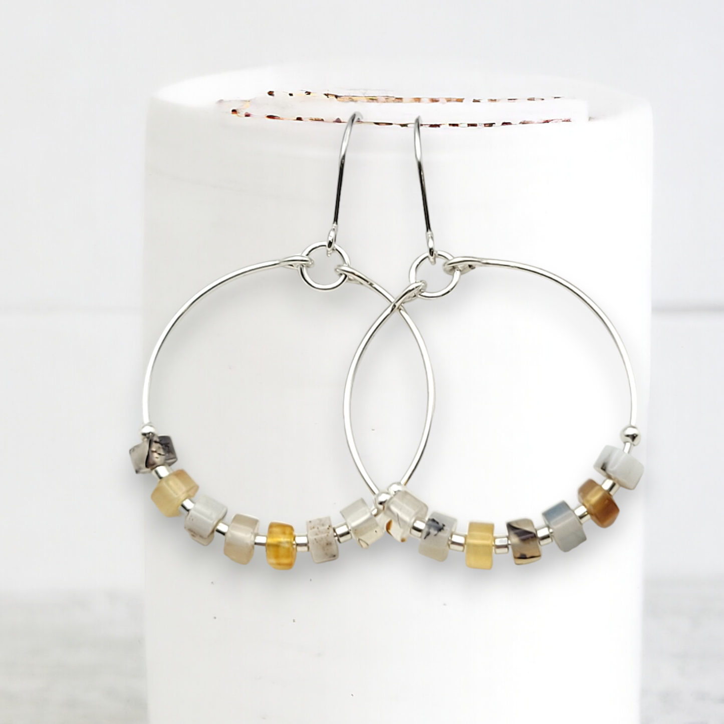 Silver Hoop Earrings with Montana Agate Gemstones
