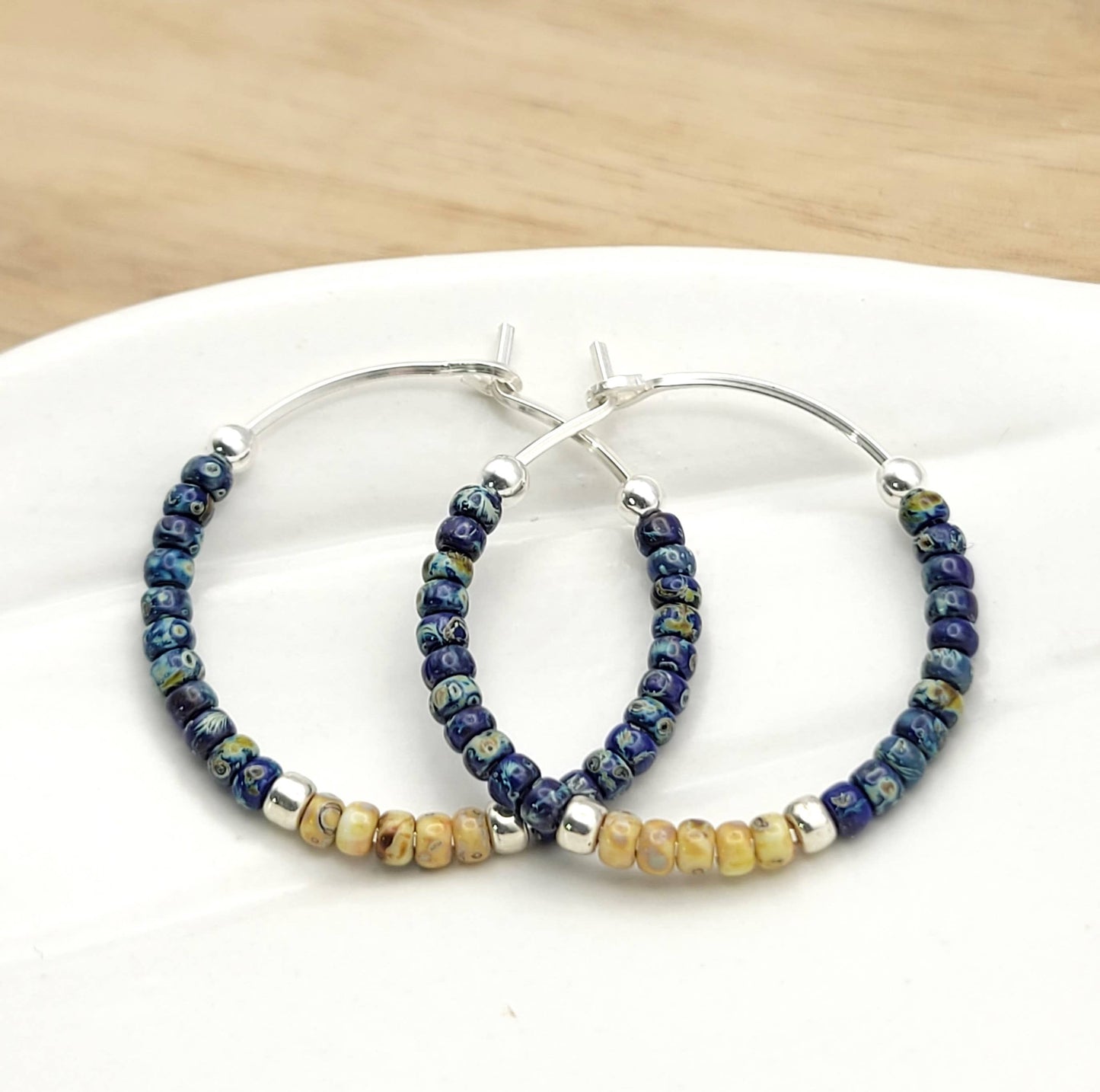 Blue Beaded Boho Silver Hoop Earrings