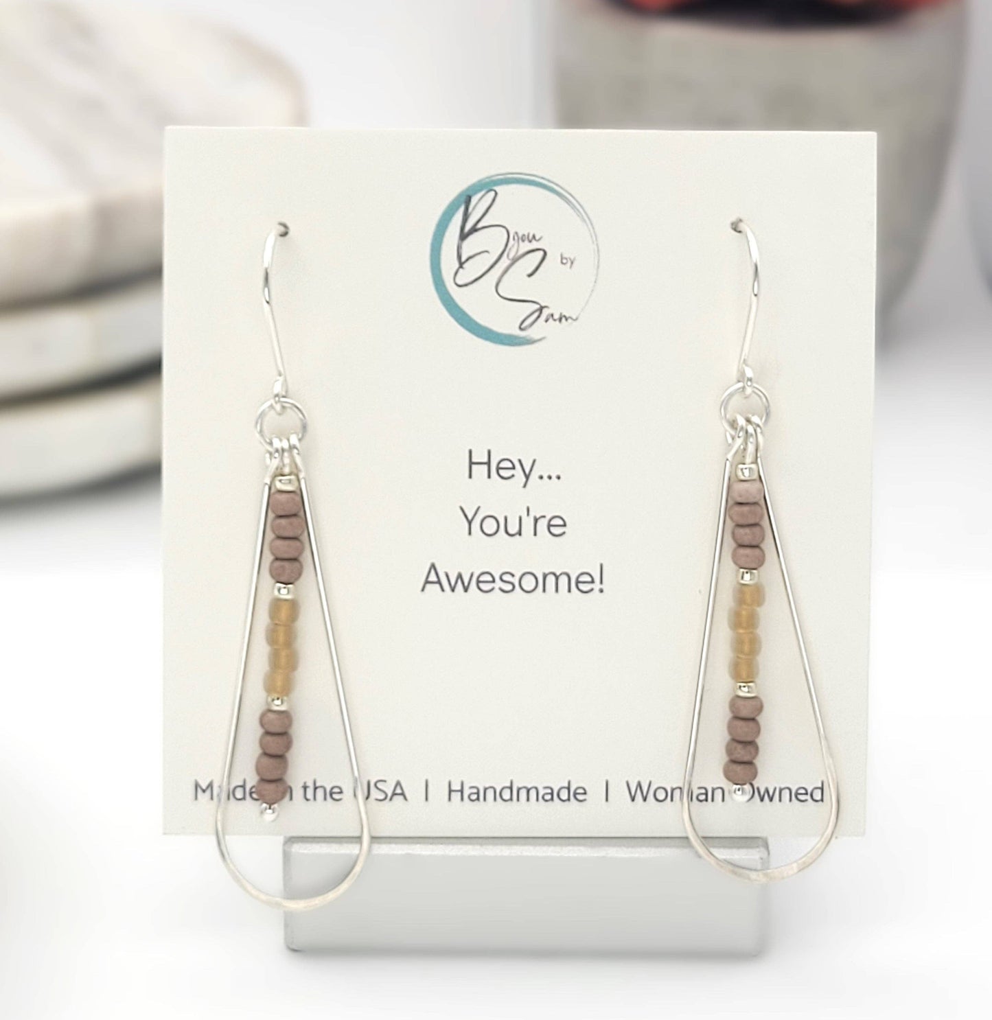 Sterling Silver Teardrop Hoop Earrings with Brown Seed Beads