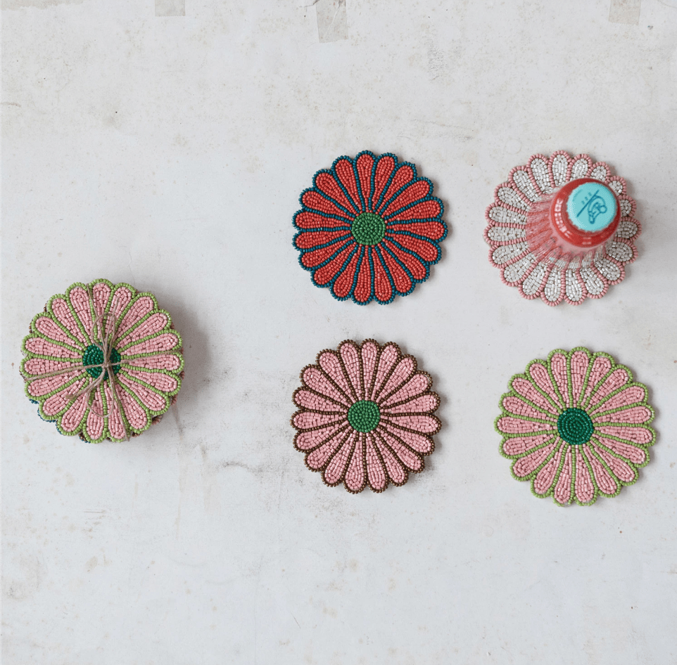 Glass Beaded Flower Shaped Coasters, Set of 4 Tied with Jute - La Vie Est Belle