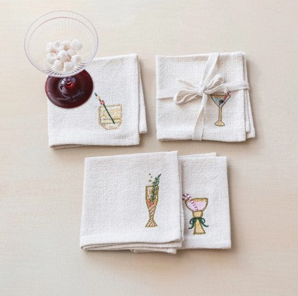 Cotton Cocktail Napkins w/ Embroidered Holiday Cocktail, Set of 4