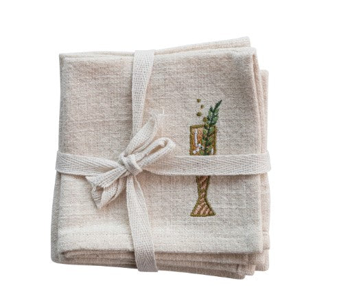 Cotton Cocktail Napkins w/ Embroidered Holiday Cocktail, Set of 4