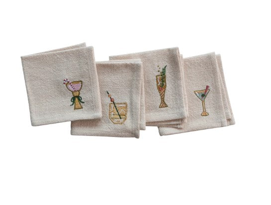 Cotton Cocktail Napkins w/ Embroidered Holiday Cocktail, Set of 4