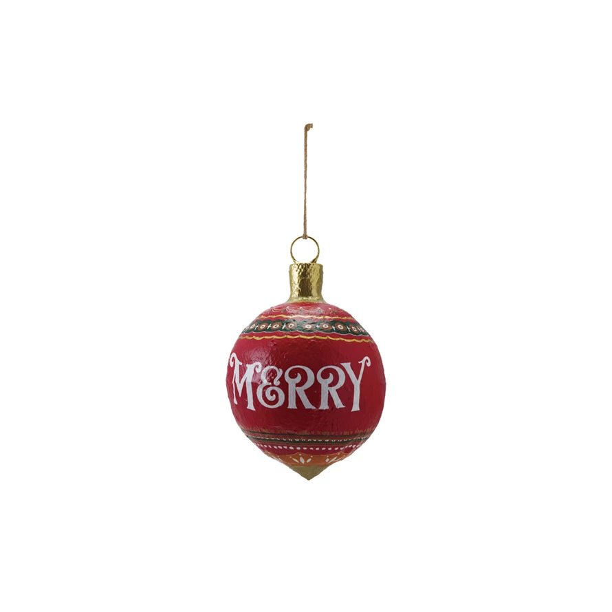 <In Store Purchase Only> Hand - Painted Metal & Paper Mache Ornament "Merry", Red & Green - La Vie Est Belle