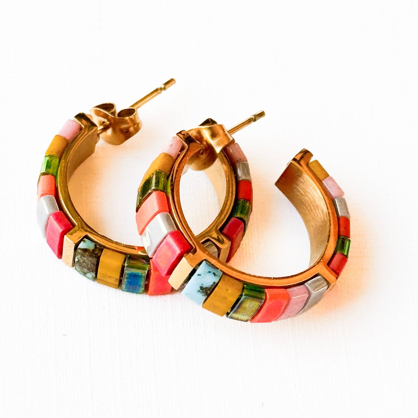 Small Tila Bead Hoop Earrings Gold-Plated, Handmade, Unique - La Vie Est Belle