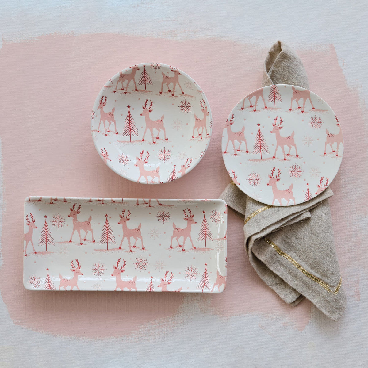 Stoneware Plate with Reindeer, Trees & Snowflakes Pattern, White & Pink - La Vie Est Belle