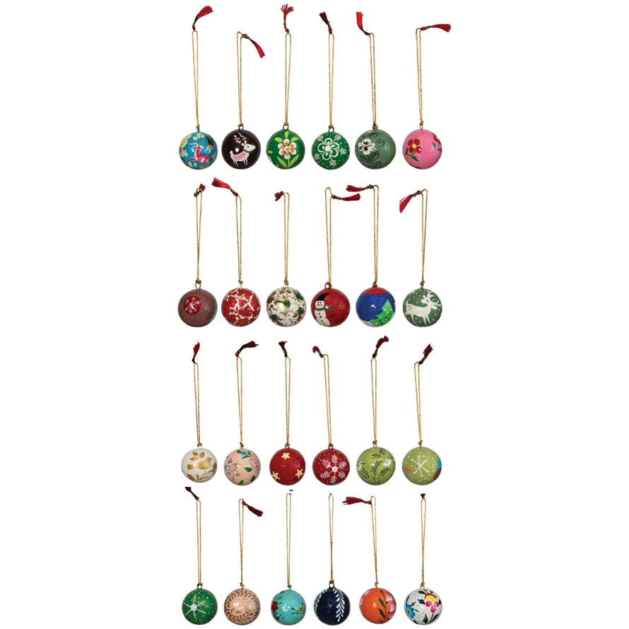 1" Round Hand-Painted Paper Mache Ball Ornaments, Multi Color
