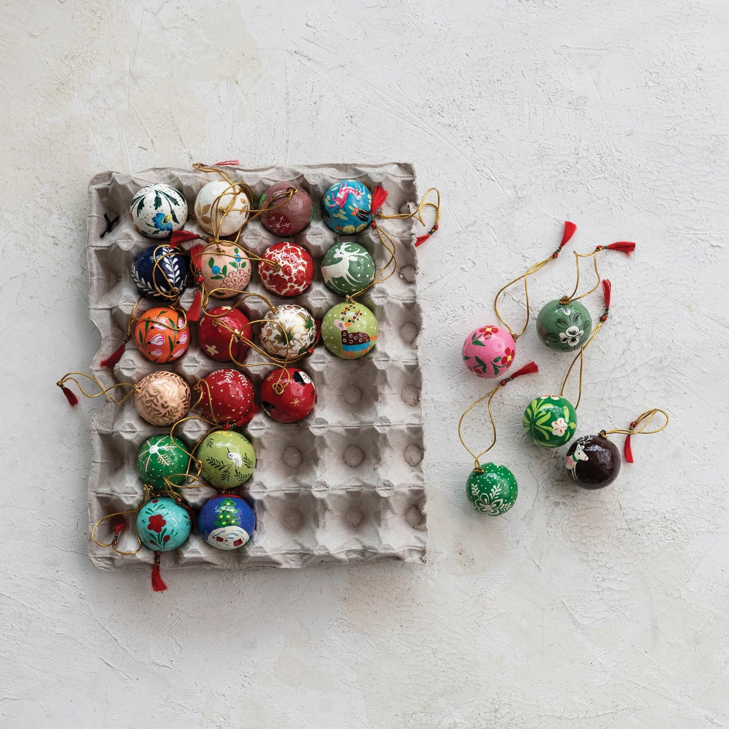 1" Round Hand-Painted Paper Mache Ball Ornaments, Multi Color