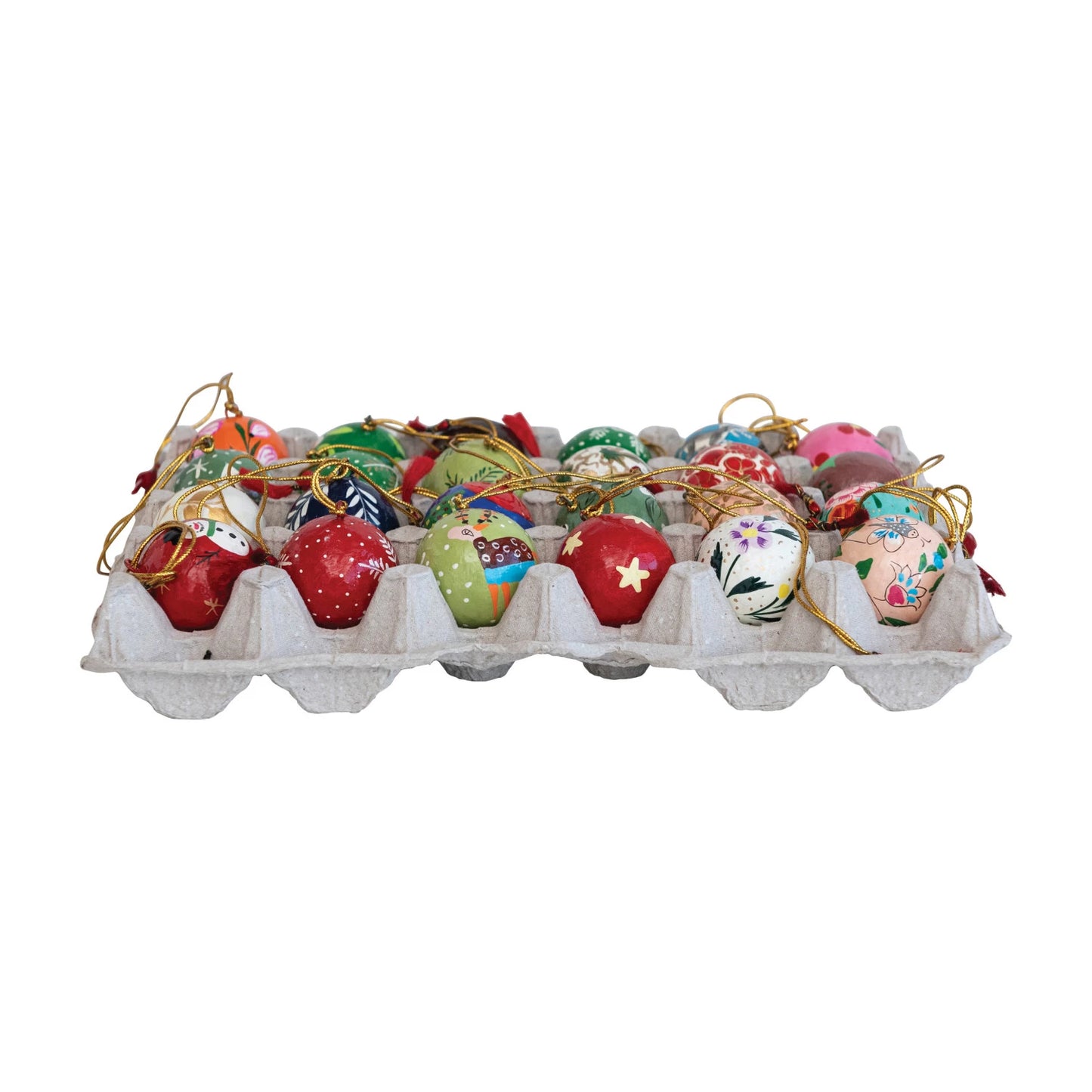1" Round Hand-Painted Paper Mache Ball Ornaments, Multi Color