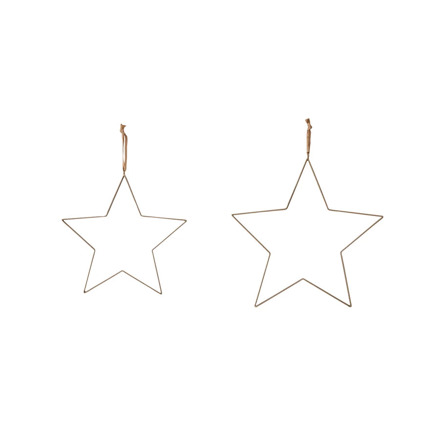 Hanging Metal Stars with Fabric Ribbon, Antique Brass Finish, Set of 2