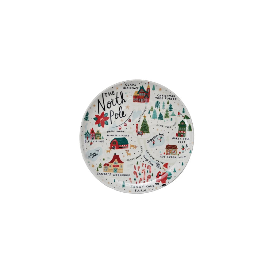 Round Stoneware Plate with North Pole Scene, Multi Color