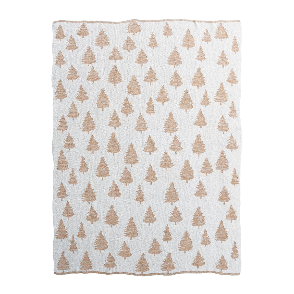 Cotton Knit Throw with Trees & Metallic Gold Thread, Cream Color