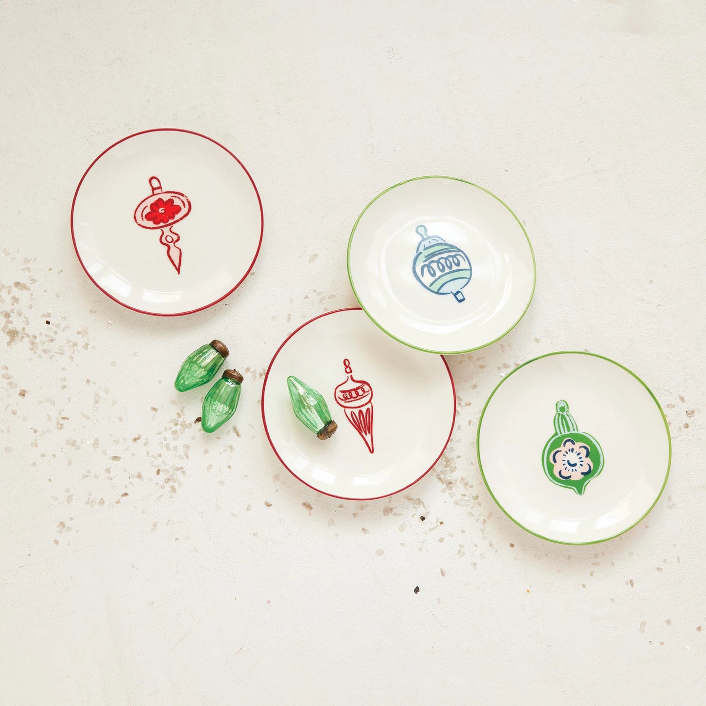 Stoneware Plate with Wax Relief Ornament & Colored Rim, 4 Styles